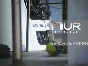 A helmet of a firmean in front of a metro in Budapest, on august 04, 2023. (