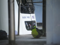 A helmet of a firmean in front of a metro in Budapest, on august 04, 2023. (