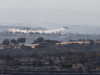 A plane throws water over a smoking area to prevent the fire break out again, Alassa, Cyprus, on Aug. 5, 2023. Fire Department and Forest De...