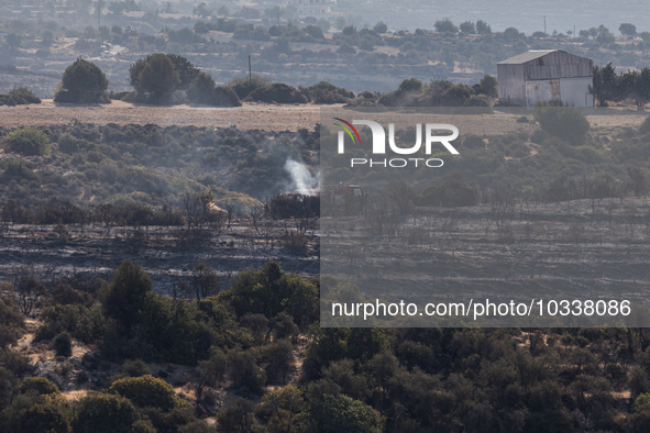 Firemen are patrolling around the area, Alassa, Cyprus, on Aug. 5, 2023. Fire Department and Forest Department units, patrol the area around...