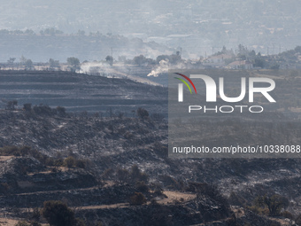 Smoke is coming out of the burnt areas, Alassa, Cyprus, on Aug. 5, 2023. Fire Department and Forest Department units, patrol the area around...