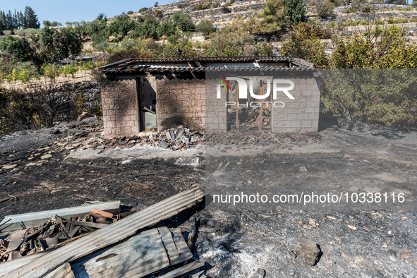 A burnt building is seen at the area, Alassa, Cyprus, on Aug. 5, 2023. Fire Department and Forest Department units, patrol the area around A...