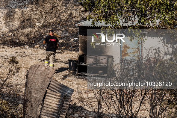 A fireman inspects the area around a semi-burnt shed, Alassa, Cyprus, on Aug. 5, 2023. Fire Department and Forest Department units, patrol t...