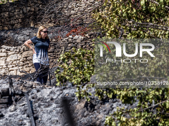 A woman that lives near the burnt area, inspects the surroundings, Alassa, Cyprus, on Aug. 5, 2023. Fire Department and Forest Department un...