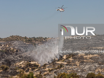 A helicopter of the Jordanian Fire Department throws water over the burnt area, Alassa, Cyprus, on Aug. 5, 2023. Jordan helps with two helic...