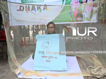 Activist of a social organization hold a placard while sitting inside a mosquito net during an awareness campaign against mosquito-borne dis...