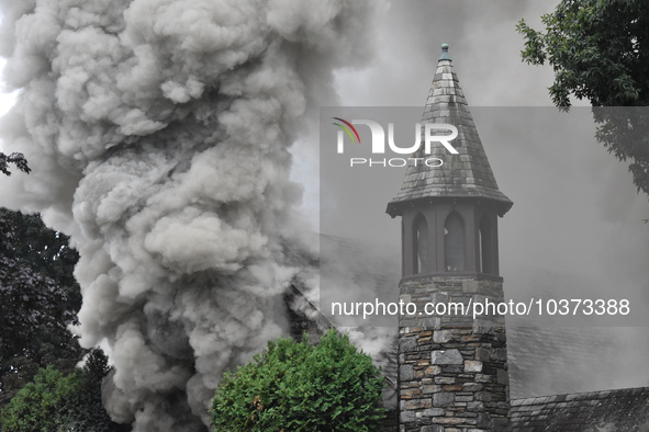 A three-alarm fire broke out at Grace Presbyterian Church in Montclair, New Jersey, United States on August 15, 2023. The fire started in th...