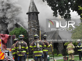 A three-alarm fire broke out at Grace Presbyterian Church in Montclair, New Jersey, United States on August 15, 2023. The fire started in th...