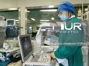 TENGZHOU, CHINA - AUGUST 17, 2023 - A neonatal nurse gives a color ultrasound examination to a child in Tengzhou city, Shandong province, Ch...