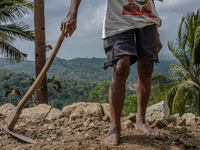 A man holds a hoe, as he helps villagers to renovate a broken village road at Kebumen, Central Java, Indonesia on August 20, 2023.  (