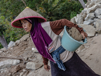 A woman carries a bucket of sand and stone as she helps villagers to renovate a broken village road at Kebumen, Central Java, Indonesia on A...