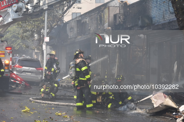 5-alarm fire in Brooklyn, New York, United States on August 20, 2023 damages several stores on Lee Avenue Sunday. Several firefighters were...