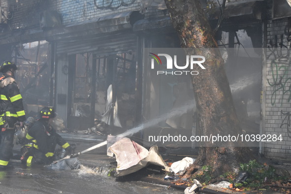 5-alarm fire in Brooklyn, New York, United States on August 20, 2023 damages several stores on Lee Avenue Sunday. Several firefighters were...