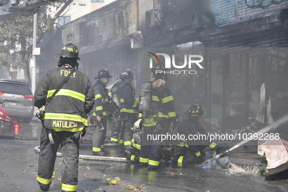 5-alarm fire in Brooklyn, New York, United States on August 20, 2023 damages several stores on Lee Avenue Sunday. Several firefighters were...