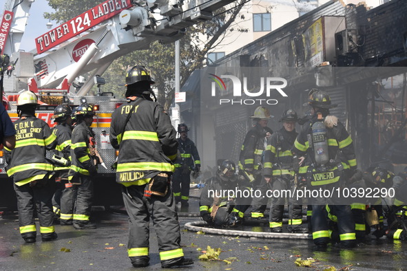 5-alarm fire in Brooklyn, New York, United States on August 20, 2023 damages several stores on Lee Avenue Sunday. Several firefighters were...