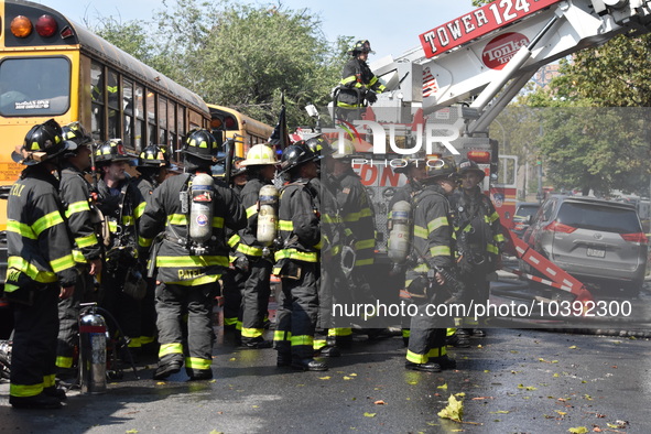 5-alarm fire in Brooklyn, New York, United States on August 20, 2023 damages several stores on Lee Avenue Sunday. Several firefighters were...