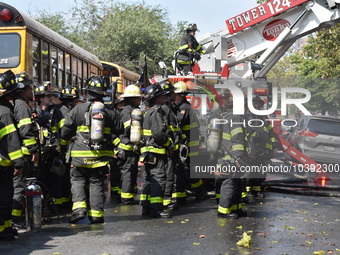 5-alarm fire in Brooklyn, New York, United States on August 20, 2023 damages several stores on Lee Avenue Sunday. Several firefighters were...