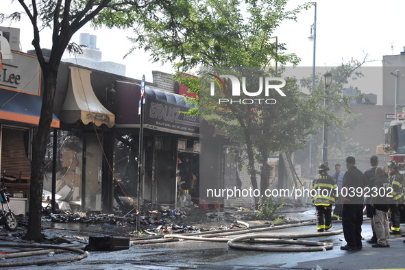 5-alarm fire in Brooklyn, New York, United States on August 20, 2023 damages several stores on Lee Avenue Sunday. Several firefighters were...