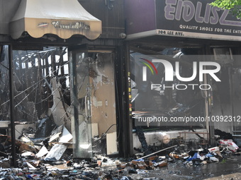 5-alarm fire in Brooklyn, New York, United States on August 20, 2023 damages several stores on Lee Avenue Sunday. Several firefighters were...