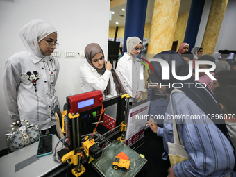 Palestinian students take part in a festival of the Science Days Palestine, at al Qattan Center in Gaza city on August 21, 2023. 
 (