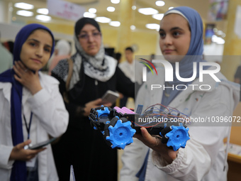 Palestinian students take part in a festival of the Science Days Palestine, at al Qattan Center in Gaza city on August 21, 2023. 
 (