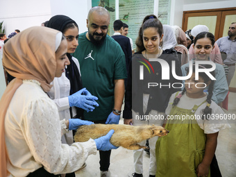 Palestinian students take part in a festival of the Science Days Palestine, at al Qattan Center in Gaza city on August 21, 2023. 
 (