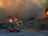 A wildfire rages near Prodromos village in Boeotia 100km north of Athens, Greece causing extensive damages to property and the forest in Eli...