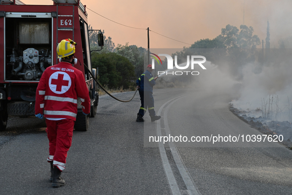 Firefighters operate near Prodromos village in Boeotia 100km north of Athens, Greece as a wildfire rages causing extensive damages to proper...