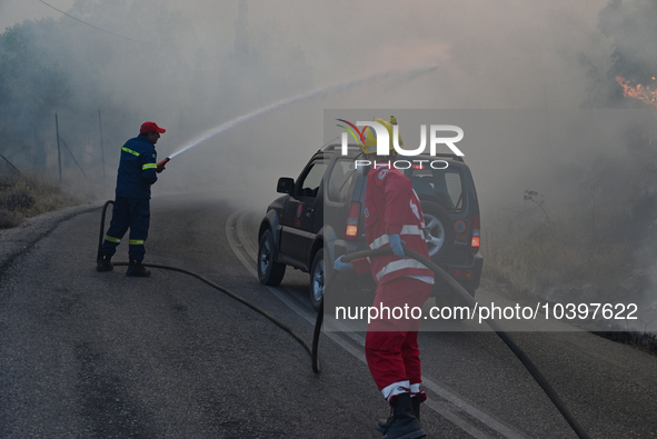 Firefighters operate near Prodromos village in Boeotia 100km north of Athens, Greece as a wildfire rages causing extensive damages to proper...