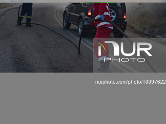 Firefighters operate near Prodromos village in Boeotia 100km north of Athens, Greece as a wildfire rages causing extensive damages to proper...