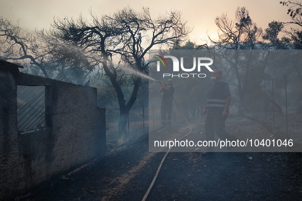 Firemans trying to extinguish the fire from a burning house. Mount Parnitha 22/8/23 