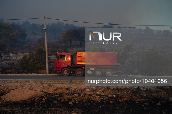 A fire truck during the wildfire in Mountain Parnitha. 22/8/23 