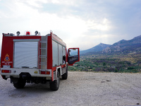 

A fire truck is waiting to respond to the fire that broke out on Mount Parnitha in Athens, Greece, on August 23, 2023 (