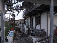 A resident is extinguishing the last flames from his house on Mount Parnitha in Athens, Greece, on August 23, 2023 (