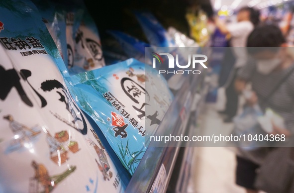 HANGZHOU, CHINA - AUGUST 24, 2023 - Citizens buy salt at a supermarket in Hangzhou, Zhejiang province, China, August 24, 2023. On the same d...