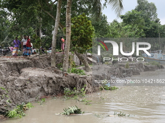 The image shows Mukundia Government Primary School collapse due to Padma river erosion on Tuesday night, August 24, 2023.  (