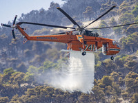 Mount Parnitha wildfire at the outskirts of Athens with visible smoke after the catastrophic blaze, resulting in an environmental disaster,...