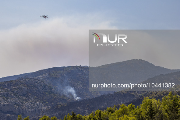 Mount Parnitha wildfire at the outskirts of Athens with visible smoke after the catastrophic blaze, resulting in an environmental disaster,...