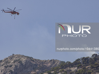 Mount Parnitha wildfire at the outskirts of Athens with visible smoke after the catastrophic blaze, resulting in an environmental disaster,...