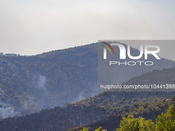 Mount Parnitha wildfire at the outskirts of Athens with visible smoke after the catastrophic blaze, resulting in an environmental disaster,...