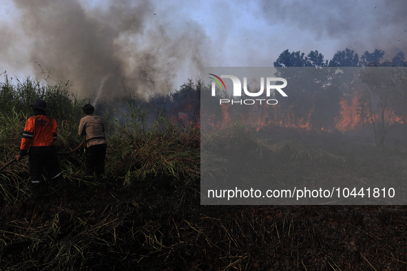 Firefighters from Regional Disaster Management Agency (BPBD) personnel and Indonesian Police Personnel from Ogan Ilir Regency are currently...