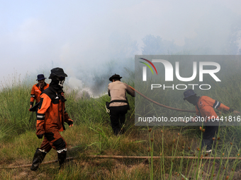 Firefighters from Regional Disaster Management Agency (BPBD) personnel and Indonesian Police Personnel from Ogan Ilir Regency are currently...