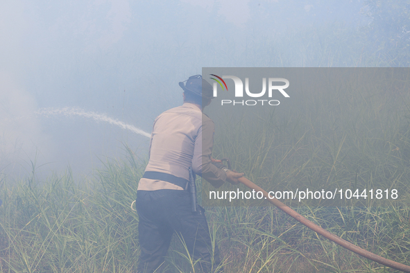 Firefighters from Regional Disaster Management Agency (BPBD) personnel and Indonesian Police Personnel from Ogan Ilir Regency are currently...