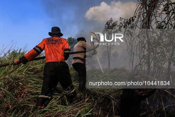 Firefighters from Regional Disaster Management Agency (BPBD) personnel and Indonesian Police Personnel from Ogan Ilir Regency are currently...