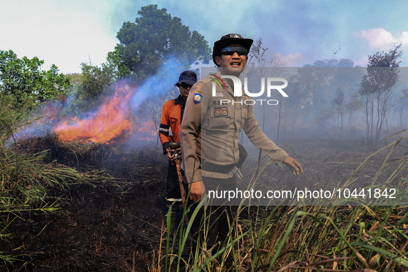 Firefighters from Regional Disaster Management Agency (BPBD) personnel and Indonesian Police Personnel from Ogan Ilir Regency are currently...