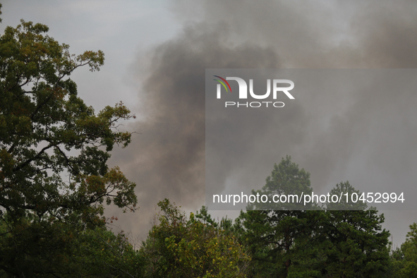 Heavy smoke from a large wildfire is seen rising from behind trees on September 2, 2023, near Huntsville in Walker County, Texas.  