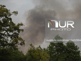 Heavy smoke from a large wildfire is seen rising from behind trees on September 2, 2023, near Huntsville in Walker County, Texas.  (