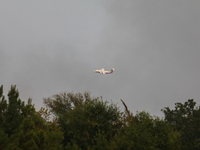 A firefighting aircraft passes through smoke from a wildfire in Walker County, Texas on September 2, 2023.  (