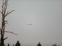 A firefighting aircraft passes through smoke from a wildfire in Walker County, Texas on September 2, 2023.  (