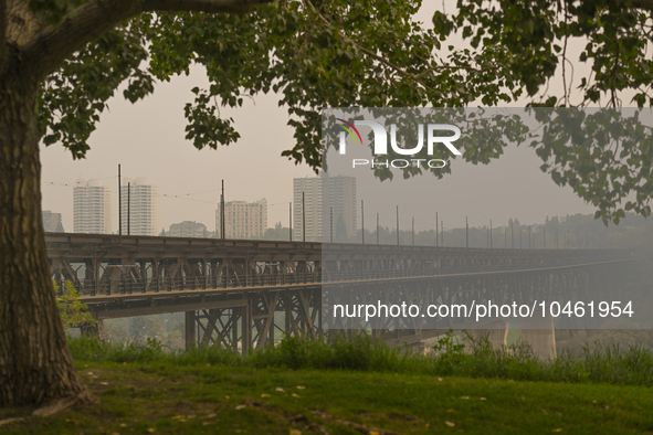 EDMONTON, CANADA - SEPTEMBER 03, 2023:
A view of the High Level Bridge in Edmonton amid wildfire smoke, on September 03, 2023, in Edmonton,...